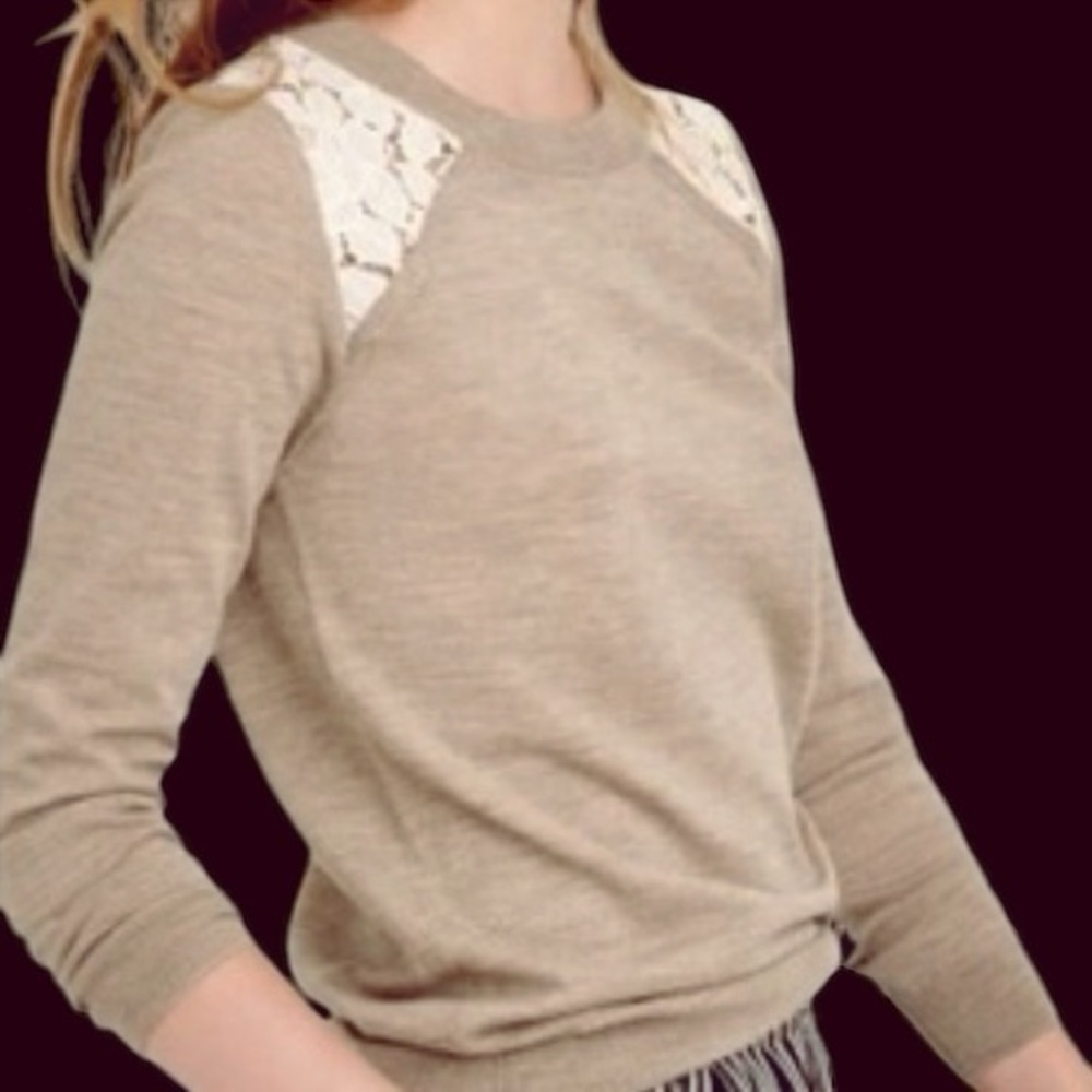 J. Crew Heathered Tan Crewneck 100% Merino Wool Sweater with Lace Panels Size XS